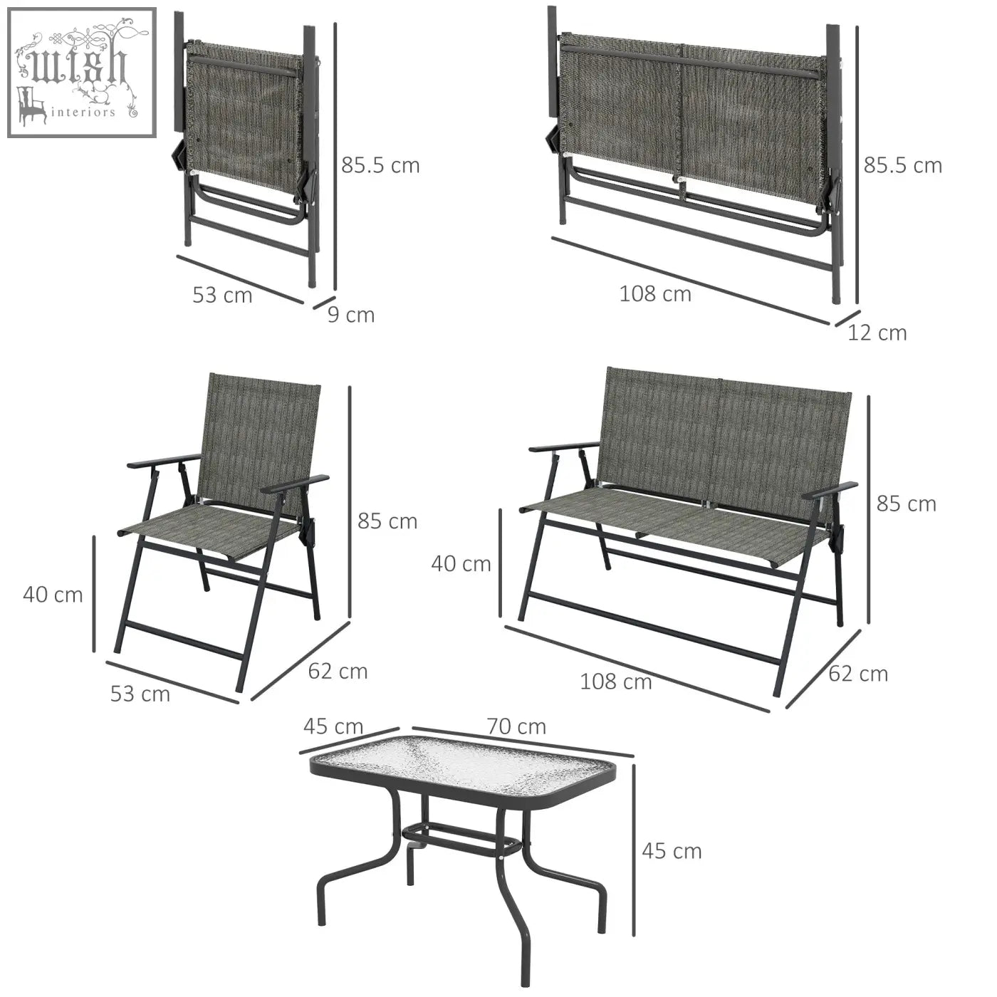 Gray woven breathable mesh fabric outdoor furniture set with black metal frames and glass top table by outsunny