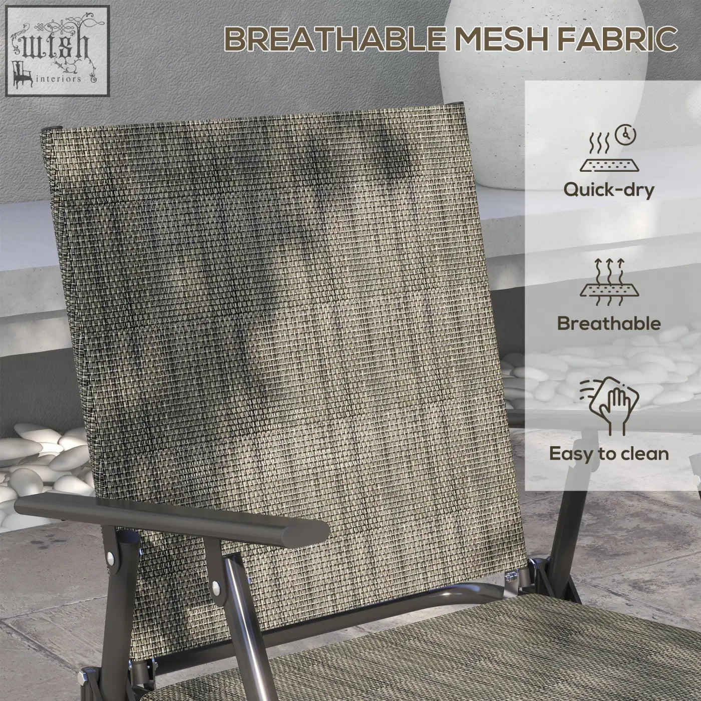 Beige breathable mesh fabric chair backrest with woven texture and dark gray metal frame from outsunny furniture set