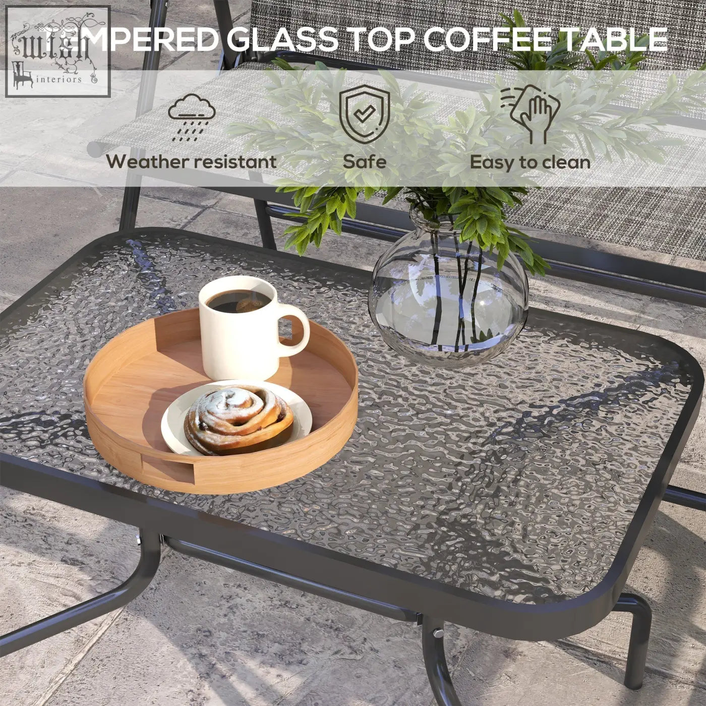 Outsunny outdoor furniture set with tempered glass top coffee table black metal frame and breathable mesh fabric seats