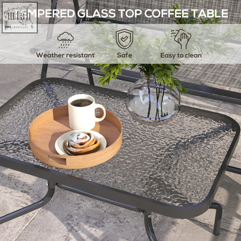 Outsunny outdoor furniture set with tempered glass top coffee table black metal frame and breathable mesh fabric seats
