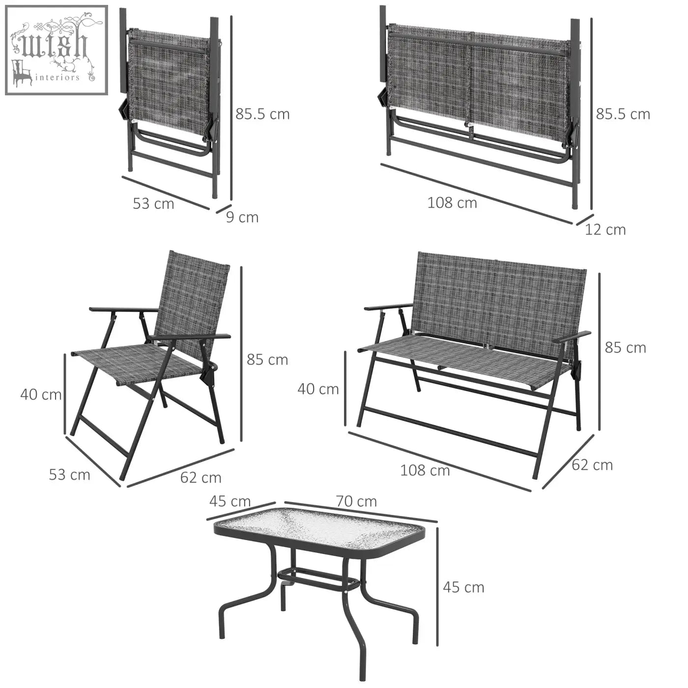 Gray woven fabric patio furniture set with breathable mesh fabric and black metal frames including glass-top table