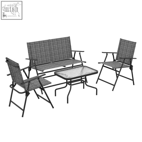Black metal frame patio furniture set with breathable mesh fabric seats and gray glass top table for outdoor use
