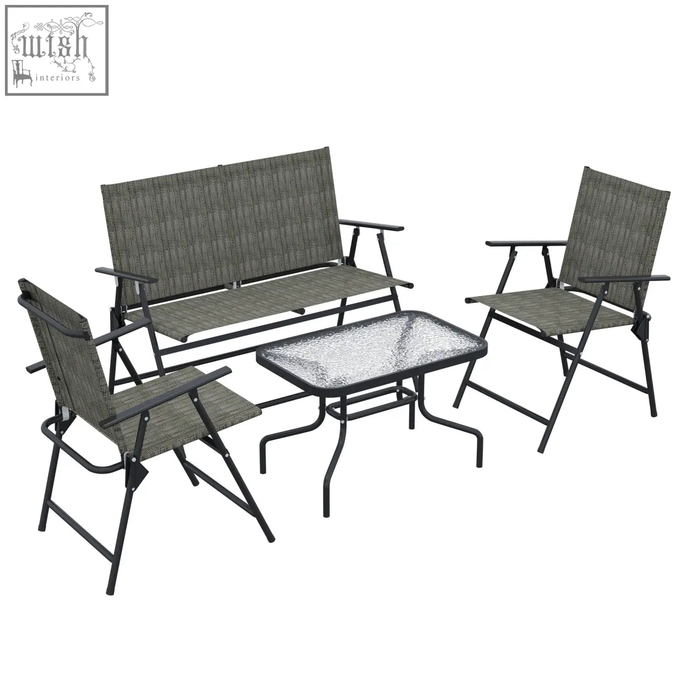Gray woven fabric outdoor patio furniture set with black metal frame breathable mesh fabric and folding design
