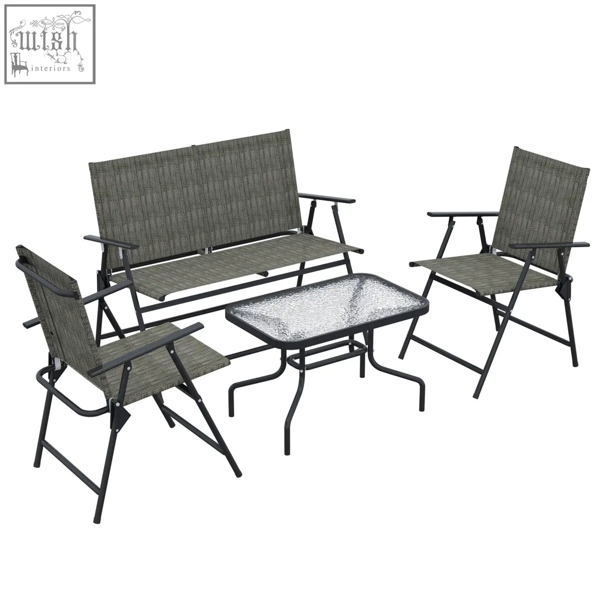 Gray woven fabric outdoor patio furniture set with black metal frame breathable mesh fabric and folding design