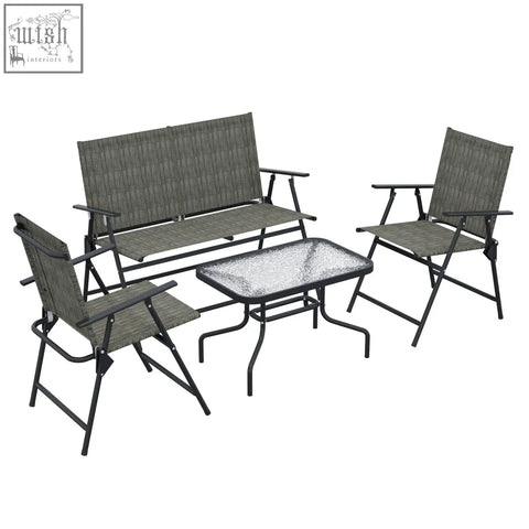 Gray woven fabric outdoor patio furniture set with black metal frame breathable mesh fabric and folding design