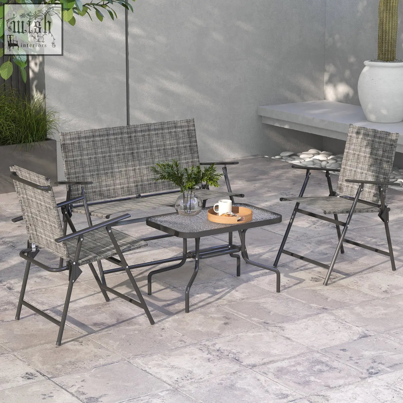 Gray woven fabric outsunny outdoor 4 piece patio furniture set with breathable mesh fabric and black metal frames