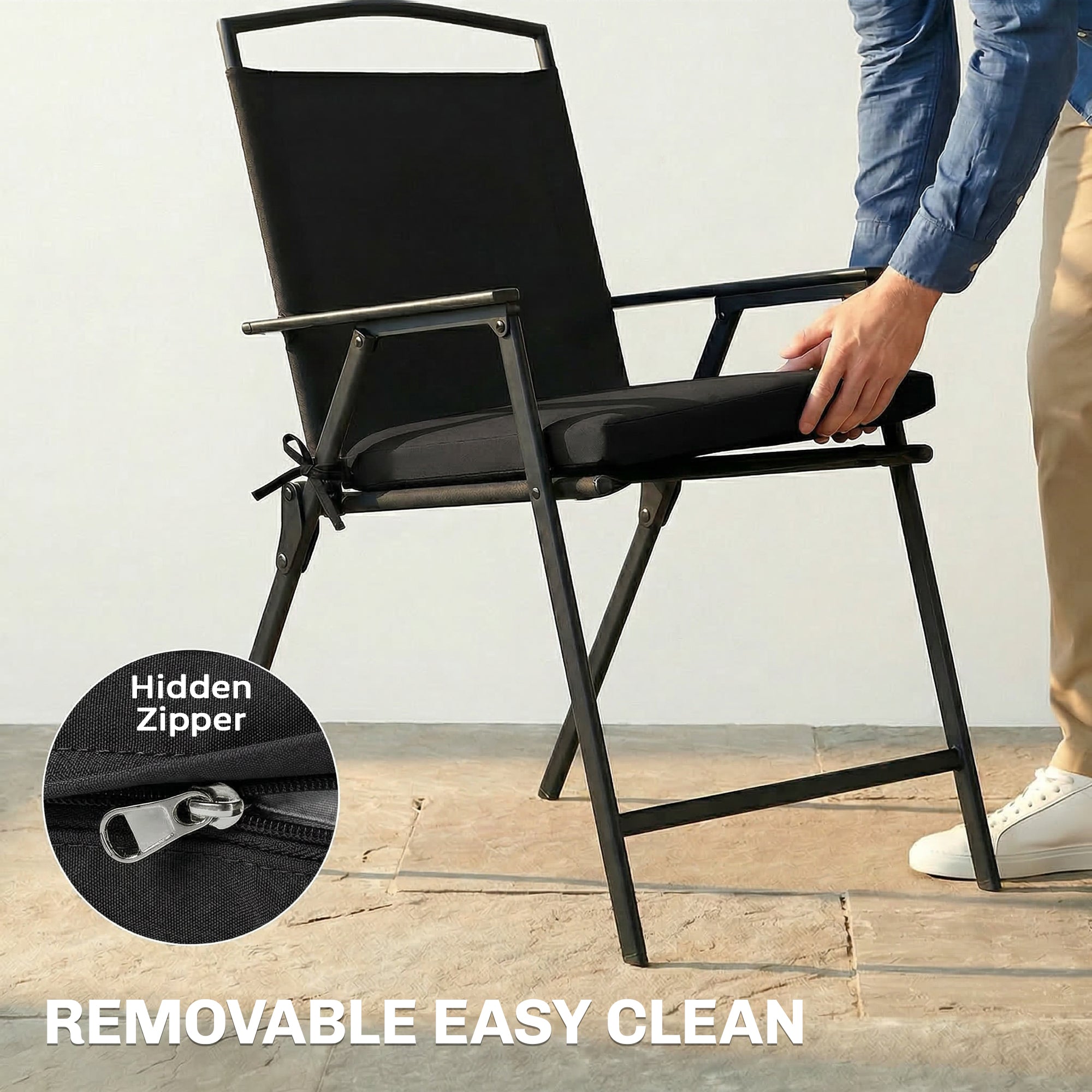 Black outsunny outdoor seat cushion set of 2 with 7cm thick foam on metal frame folding chair