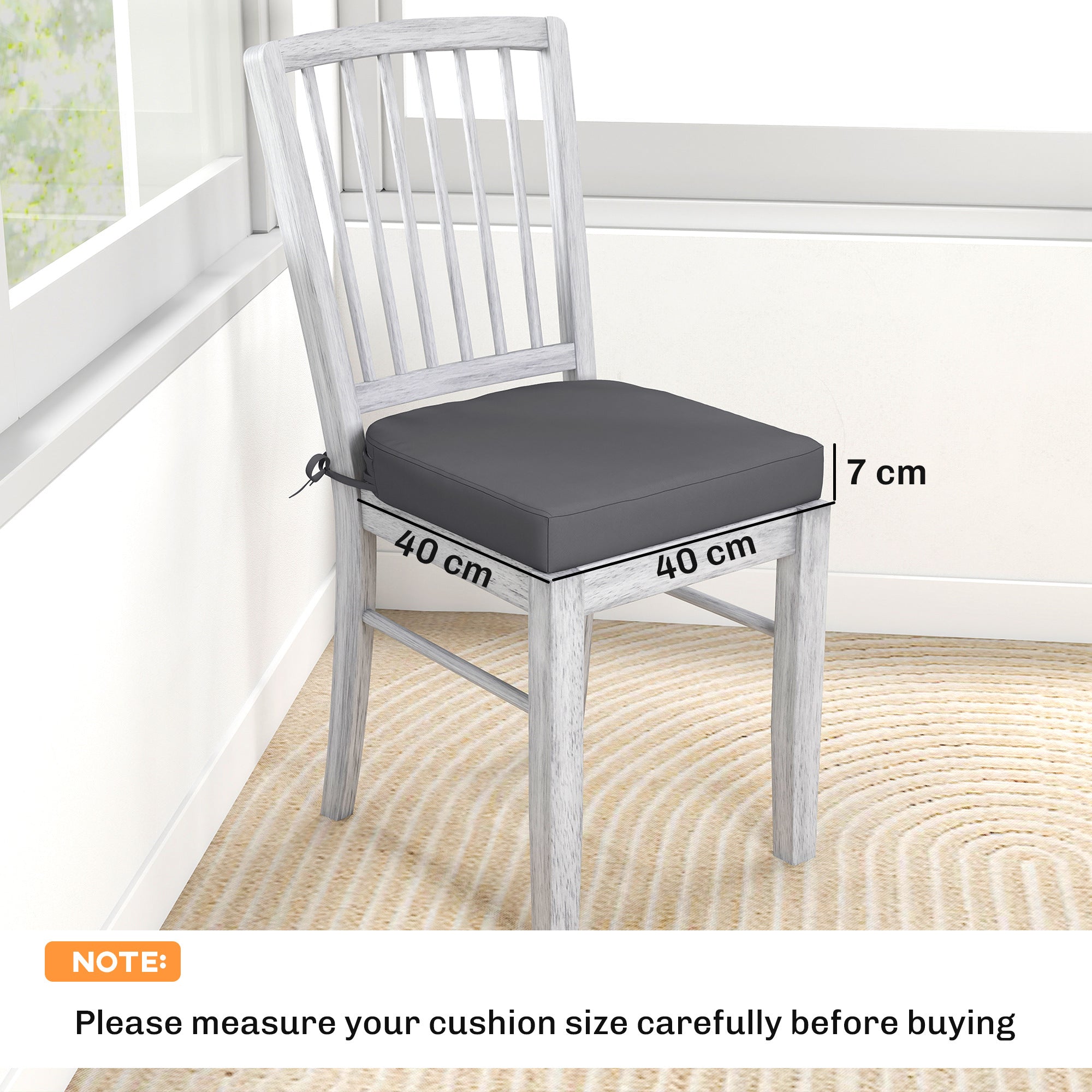 Gray rectangular outsunny outdoor seat cushion with black tie straps designed for 40x40 cm garden chairs