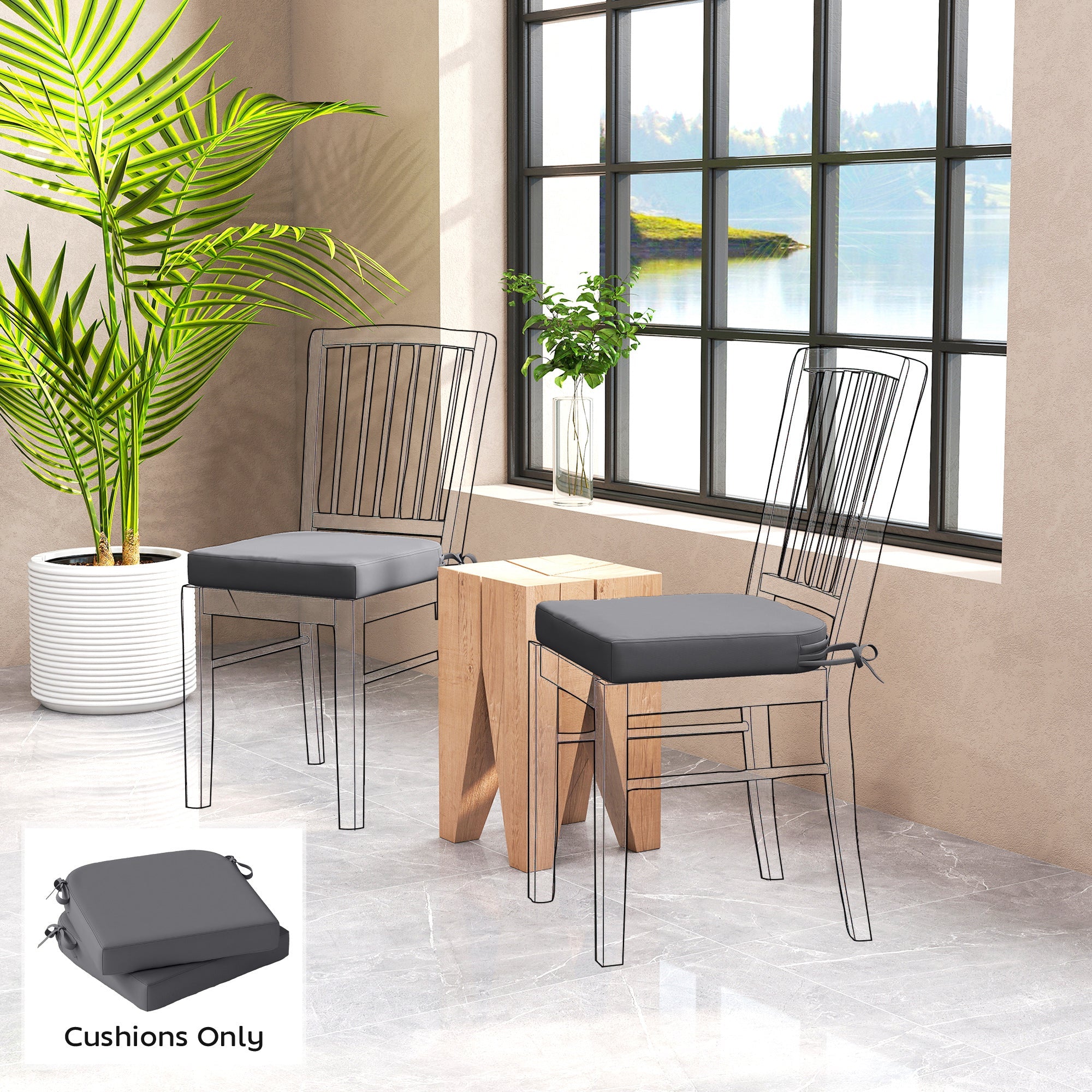 Dark gray plush outsunny outdoor seat cushions with 7cm thick foam and ties for modern wire-frame garden chairs