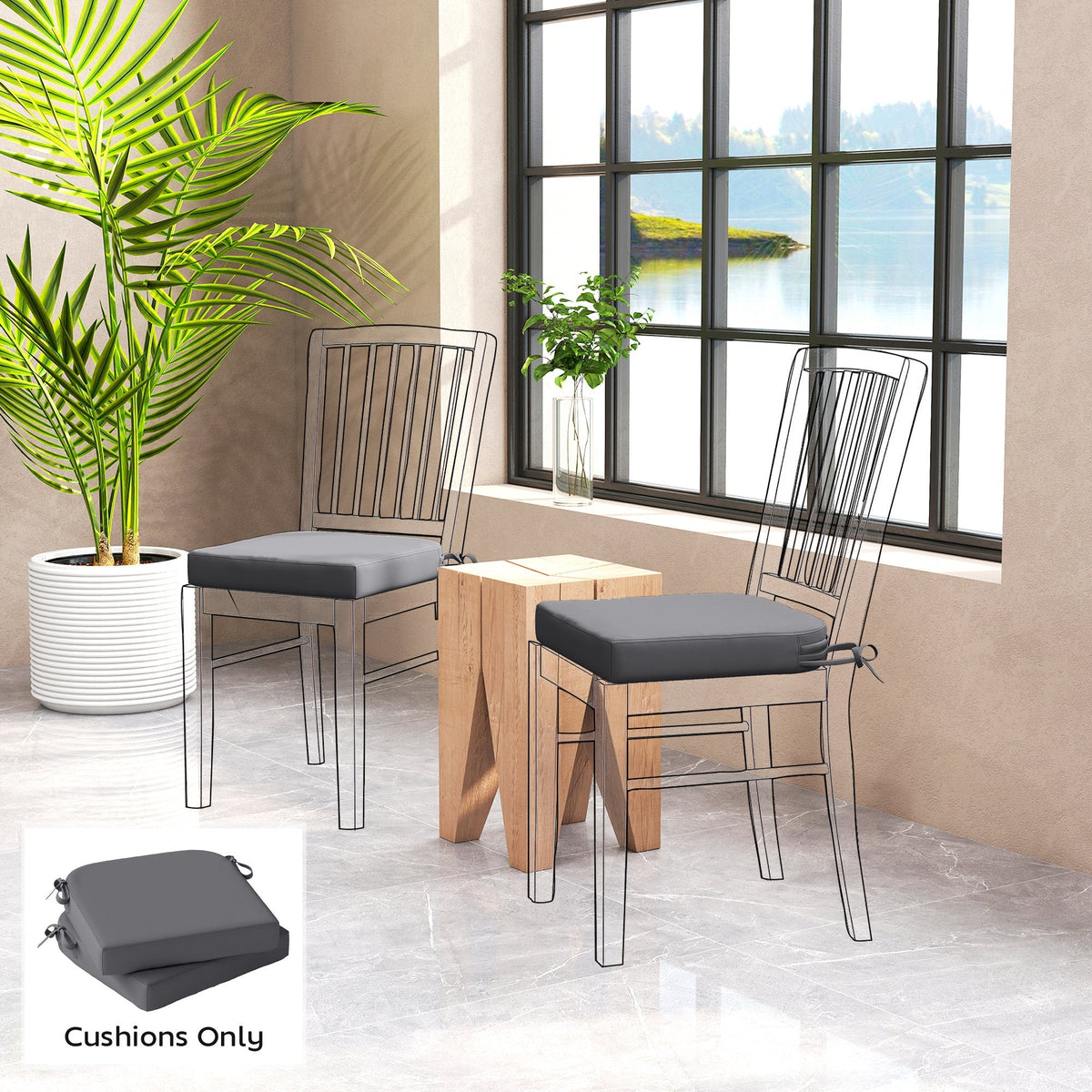 Dark gray plush outsunny outdoor seat cushions with 7cm thick foam and ties for modern wire-frame garden chairs
