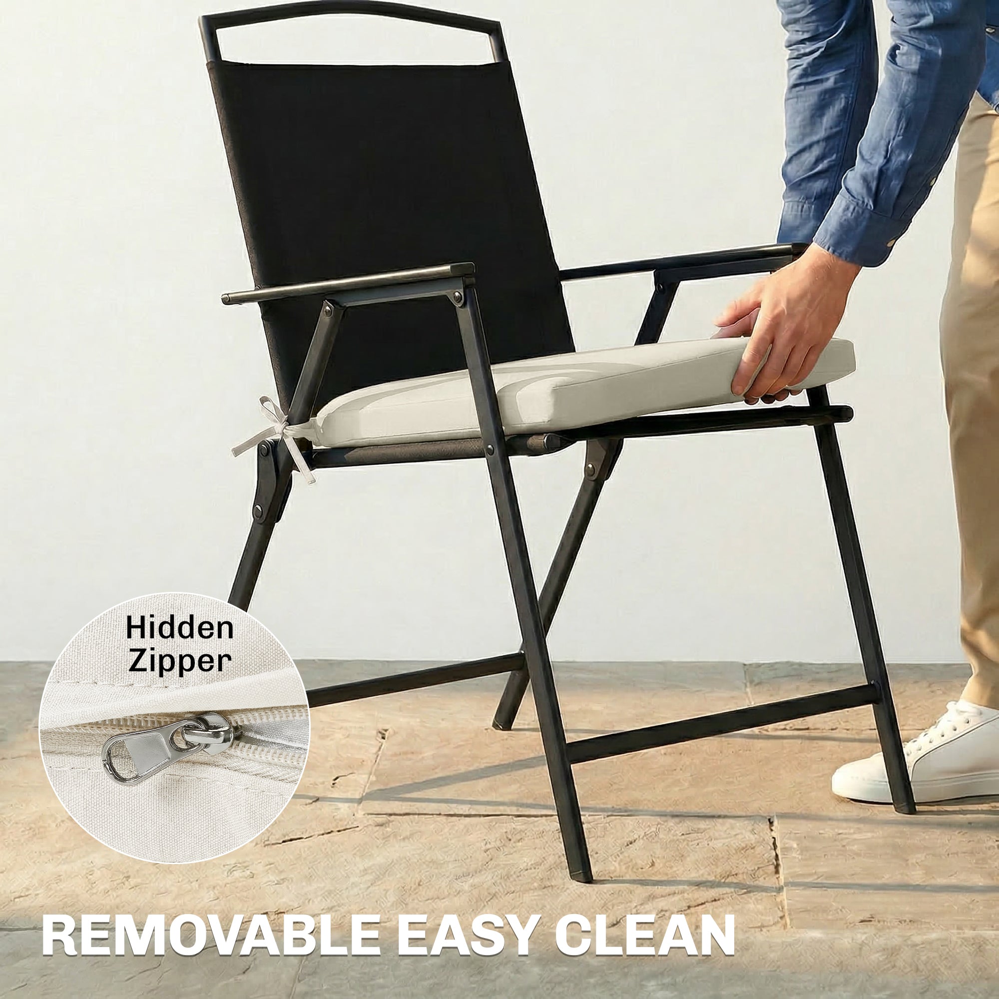 Black fabric outdoor chair with metal frame and removable light gray cream white outsunny outdoor seat cushions
