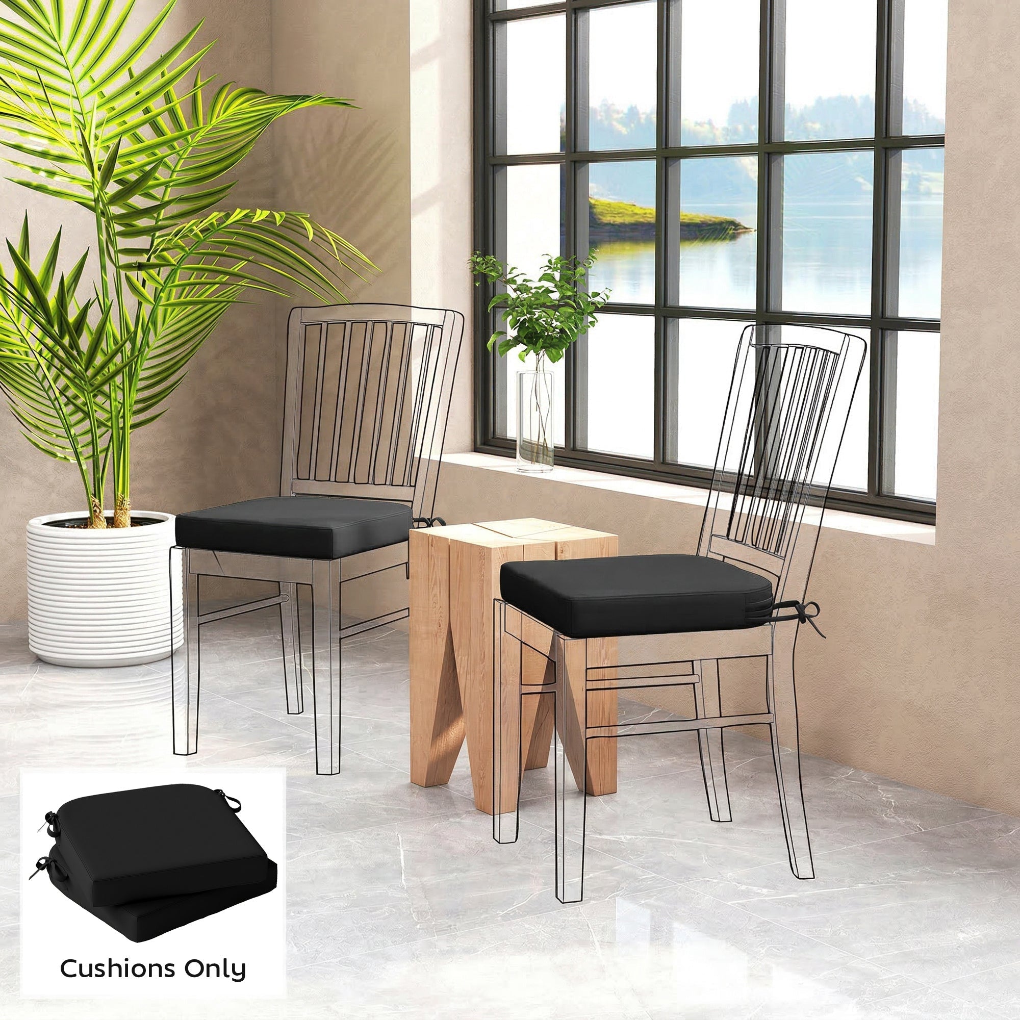 Outsunny outdoor black seat cushions set of 2 with 7cm thick foam and drawstring ties for garden chairs