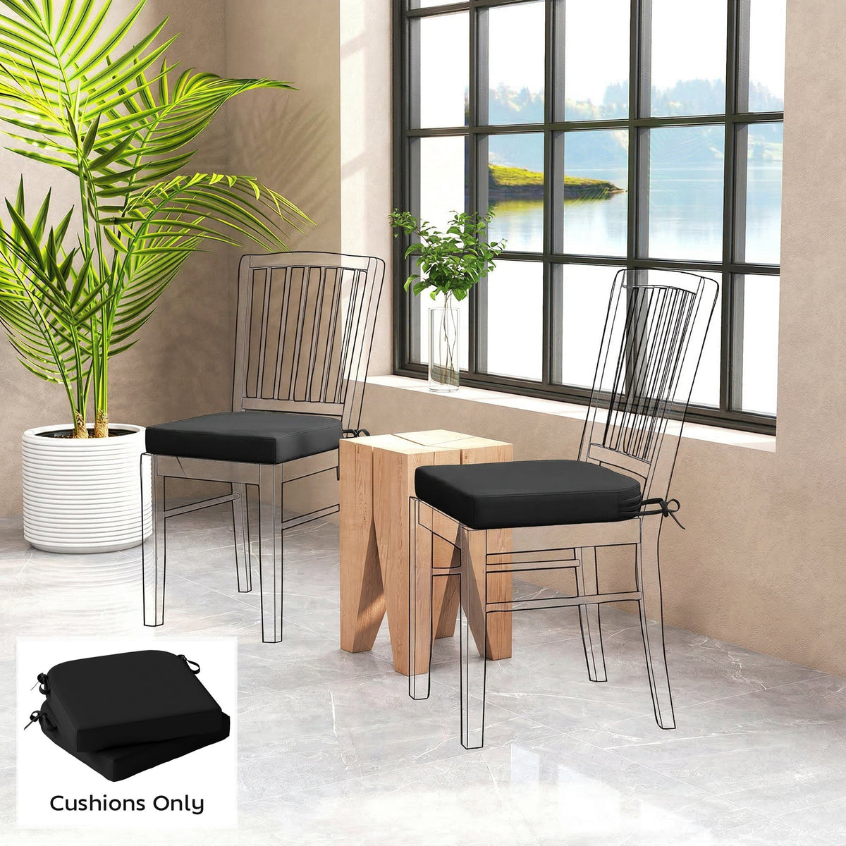 Outsunny outdoor black seat cushions set of 2 with 7cm thick foam and drawstring ties for garden chairs