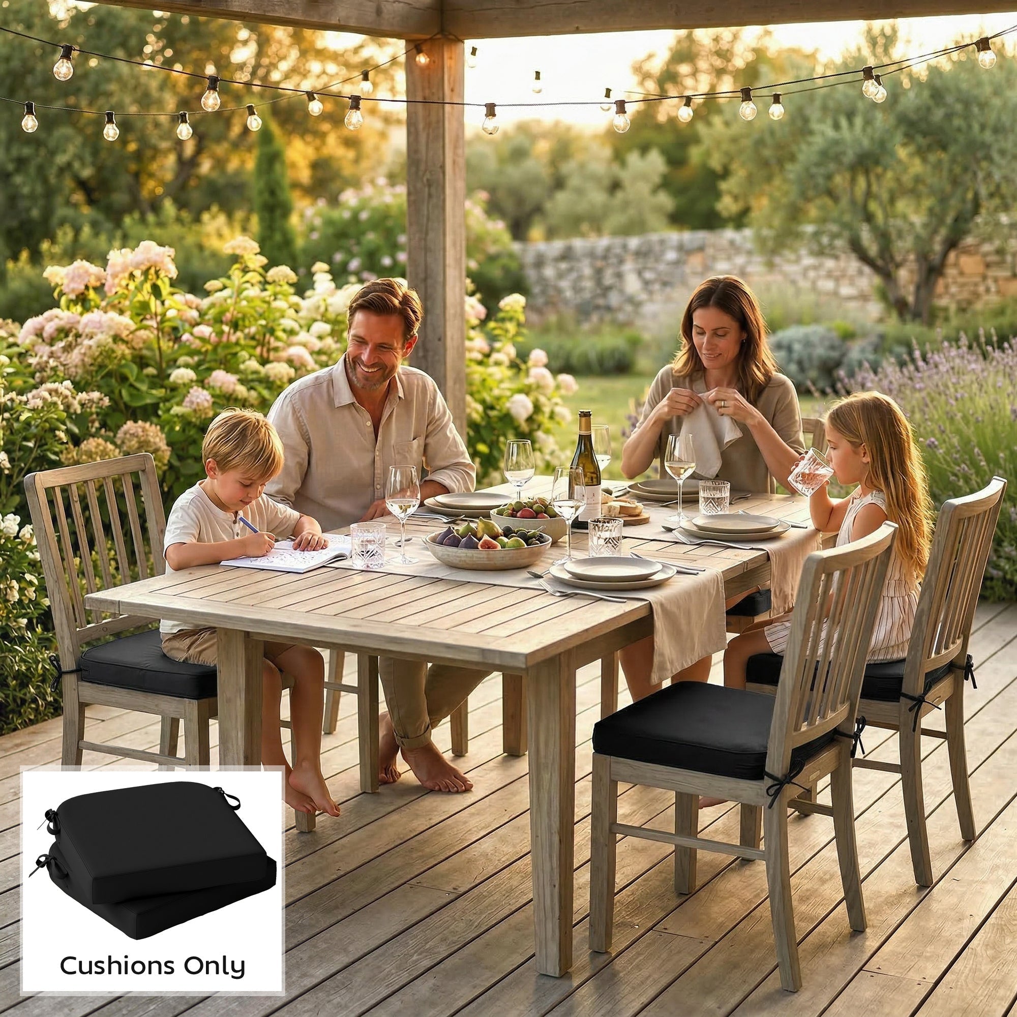 Black outsunny outdoor seat cushion with 7cm thick foam and tied fabric strap for garden chairs