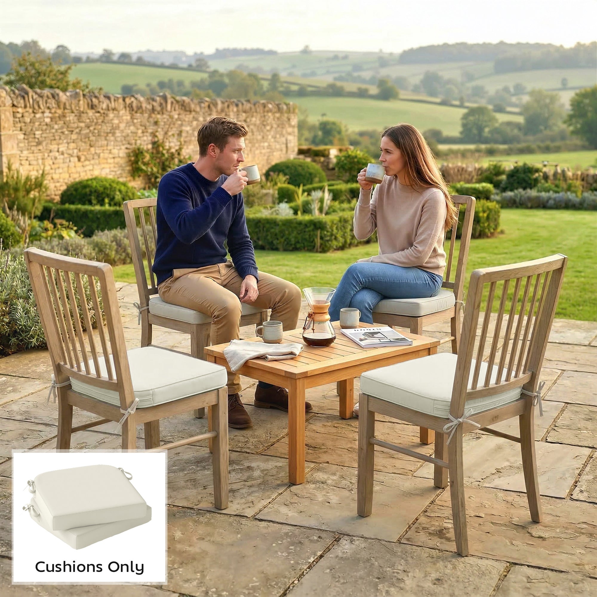 Cream-colored outsunny outdoor seat cushions with textured fabric reinforced corners and 7cm thick foam for garden chairs