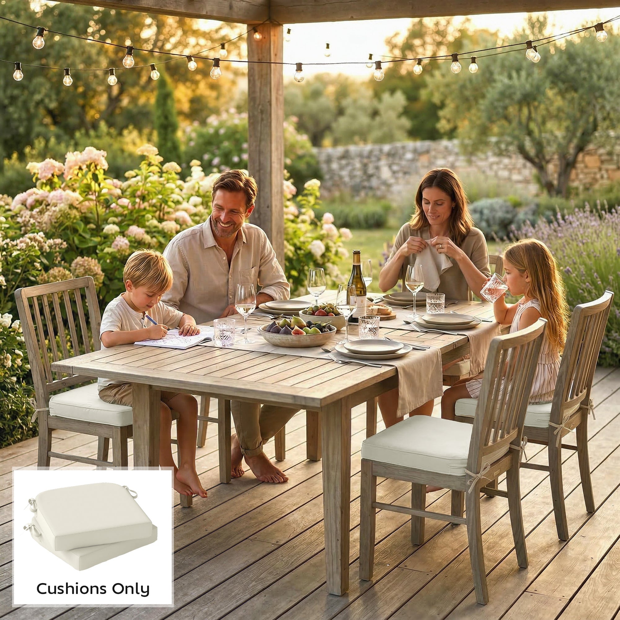 Cream-colored outsunny outdoor seat cushion with woven texture and fabric ties for garden chairs 7cm thick foam set of 2
