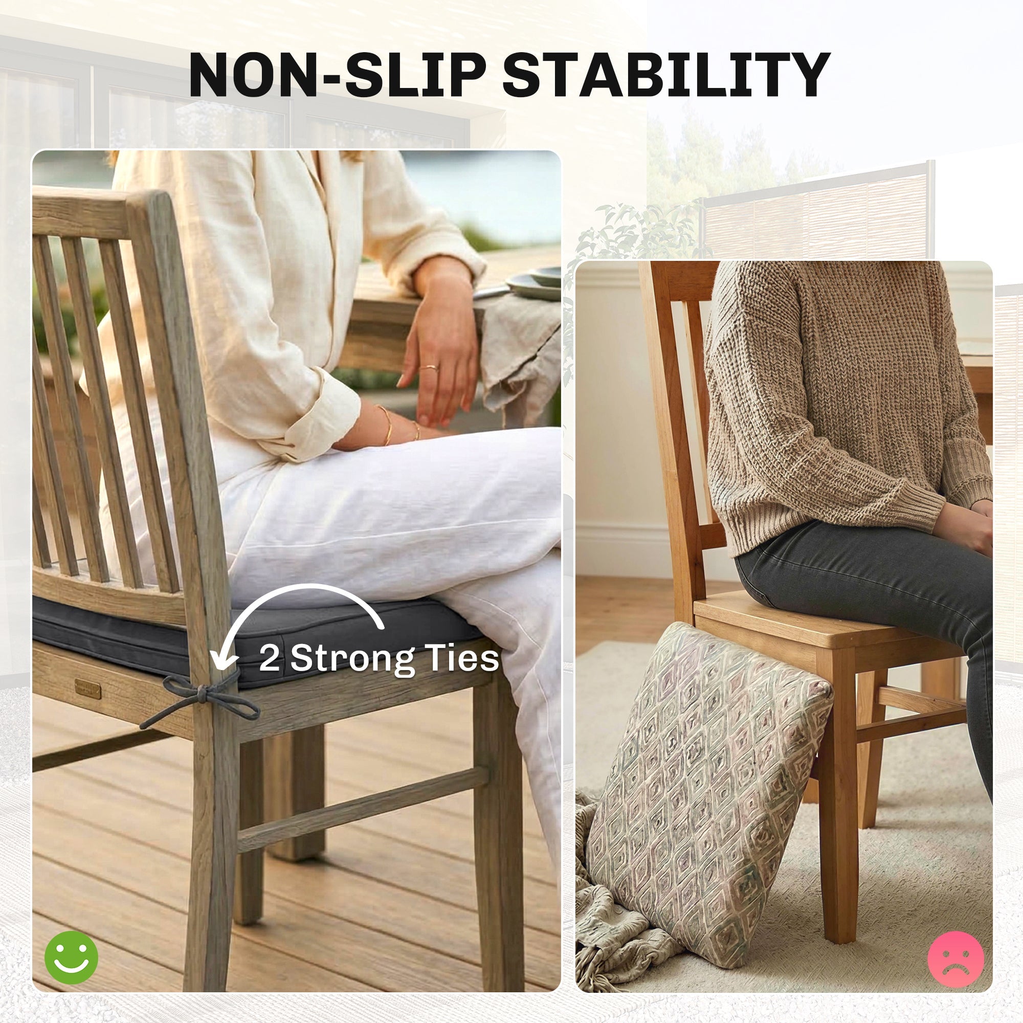 Dark blue outsunny outdoor seat cushion with two strong ties for non-slip stability in a set of 2 seat cushions