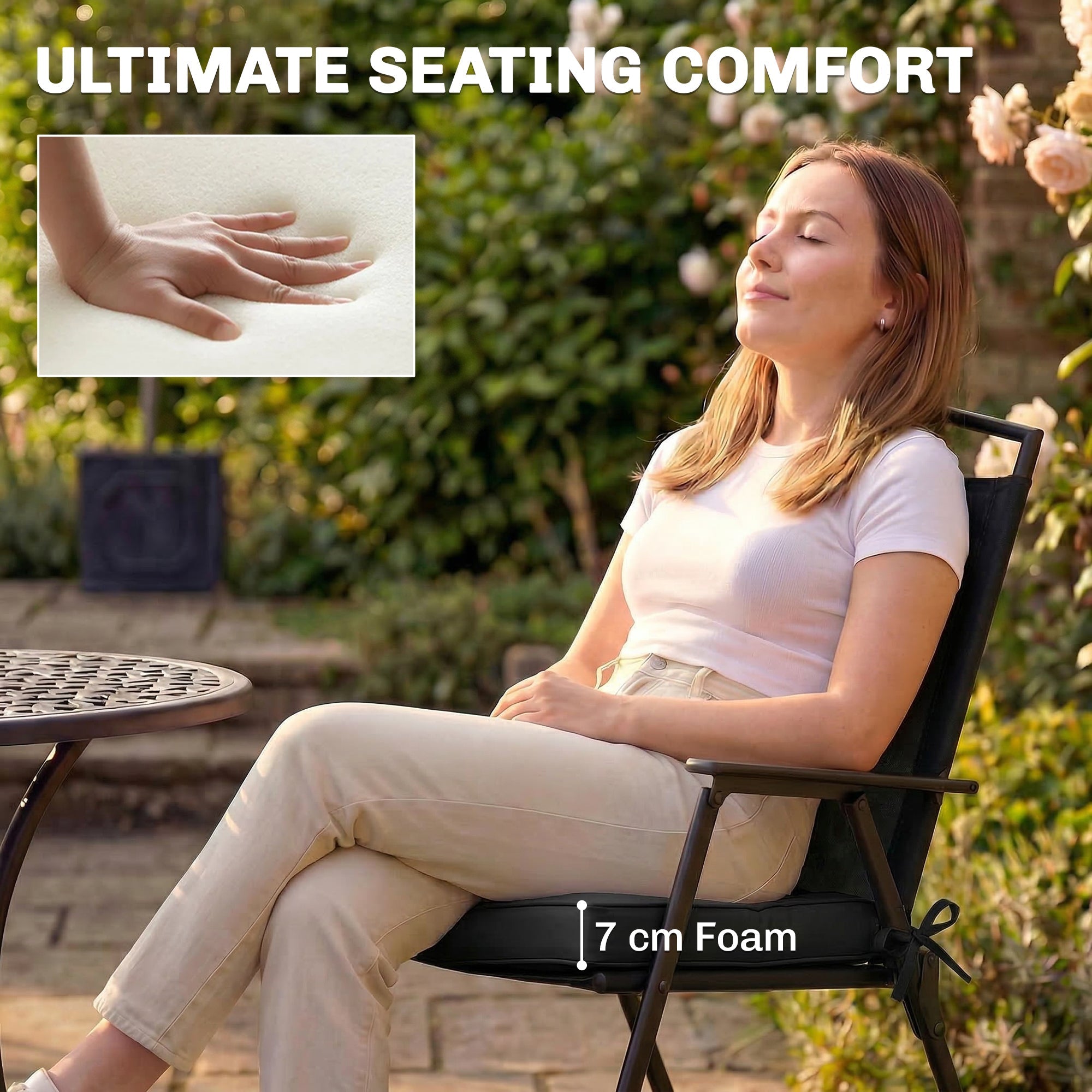 Black outsunny outdoor folding chair with 7 cm thick white foam seat cushion for ultimate outdoor seat comfort
