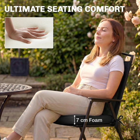 Black outsunny outdoor folding chair with 7 cm thick white foam seat cushion for ultimate outdoor seat comfort