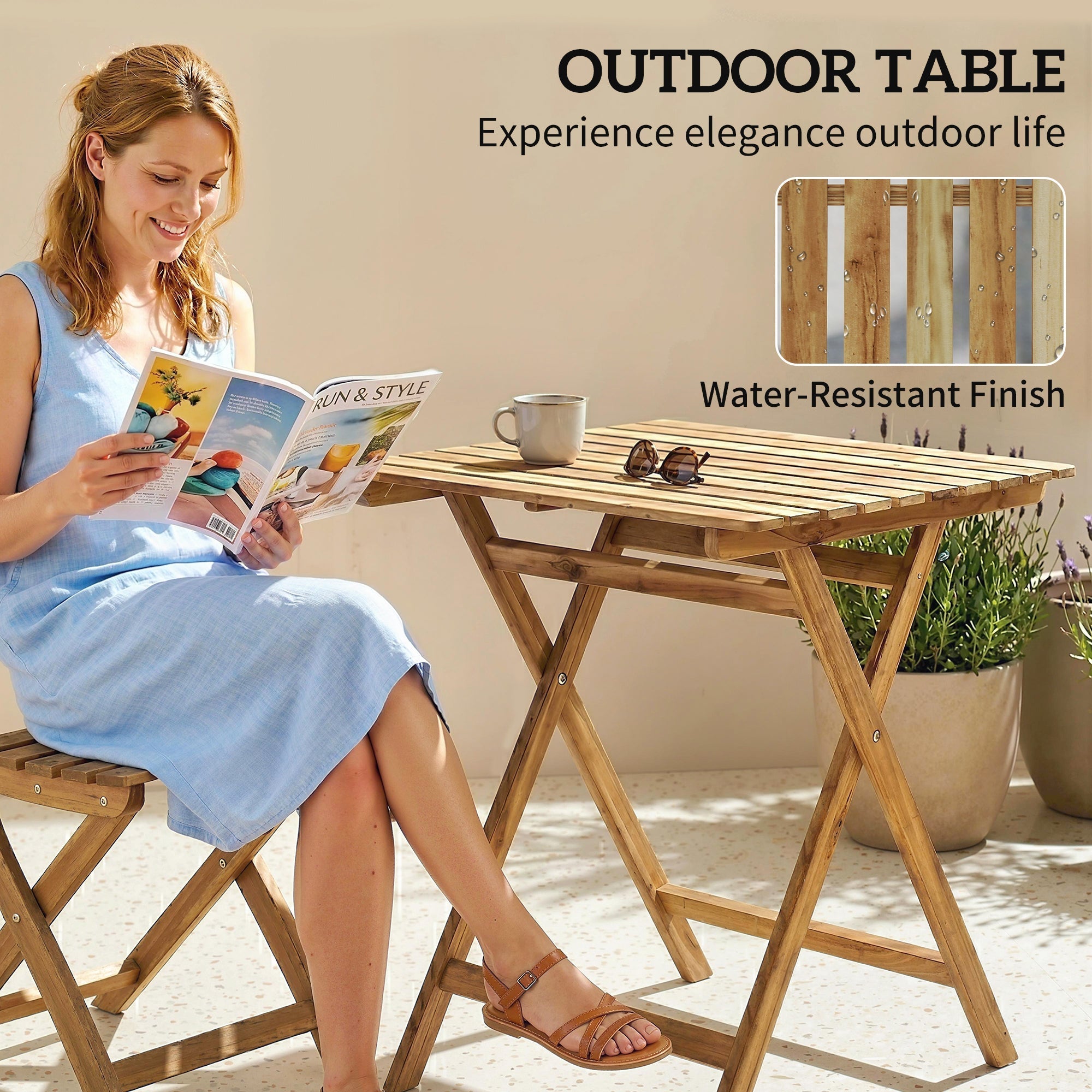 Outsunny outdoor garden table in light brown acacia wood with water-resistant finish and foldable legs 62w x 60d