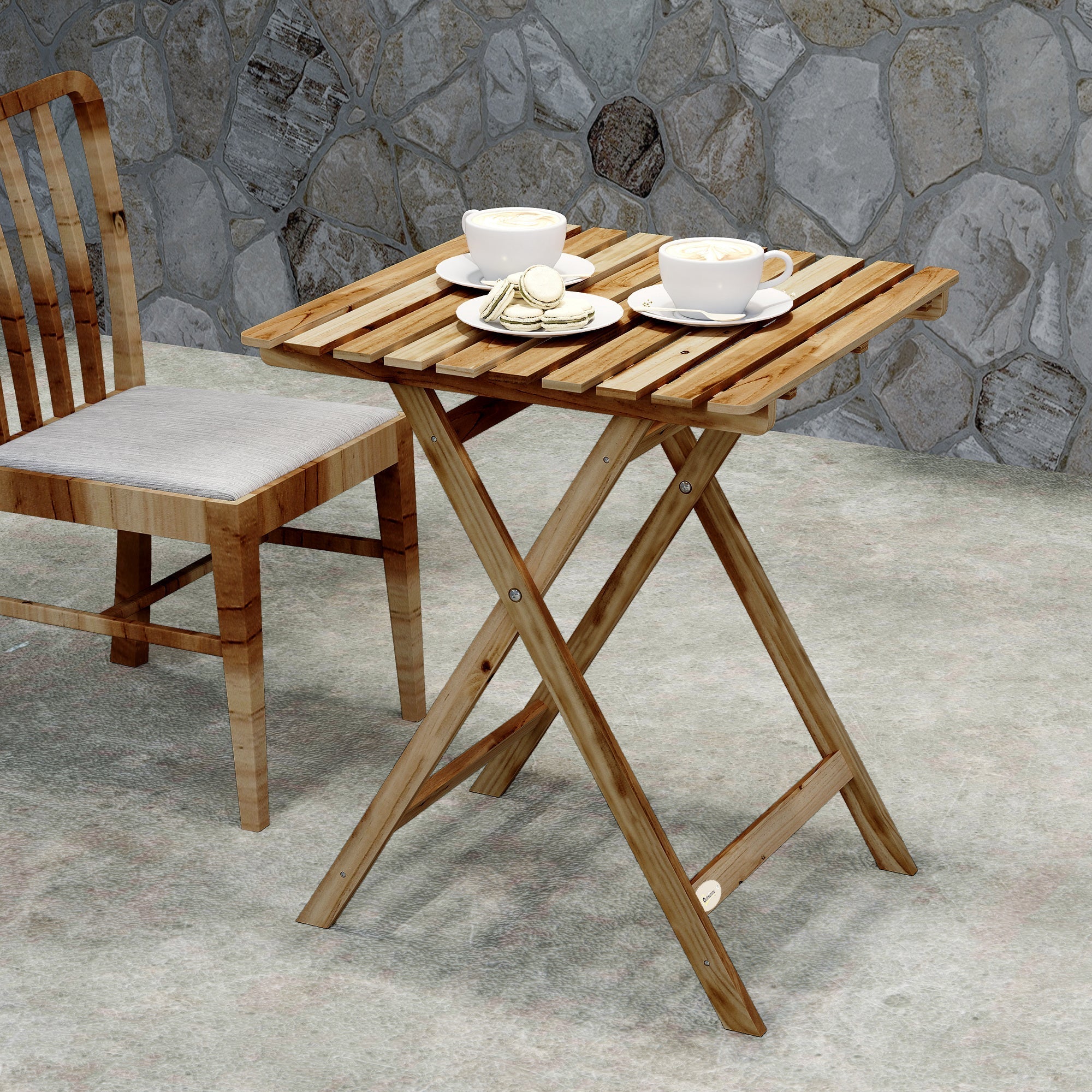 Outsunny light brown acacia wood foldable garden table with slatted top x-shaped legs 62w x 60d for patio balcony