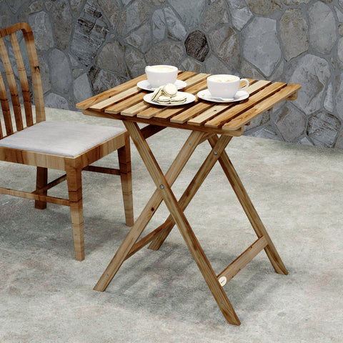 Outsunny light brown acacia wood foldable garden table with slatted top x-shaped legs 62w x 60d for patio balcony