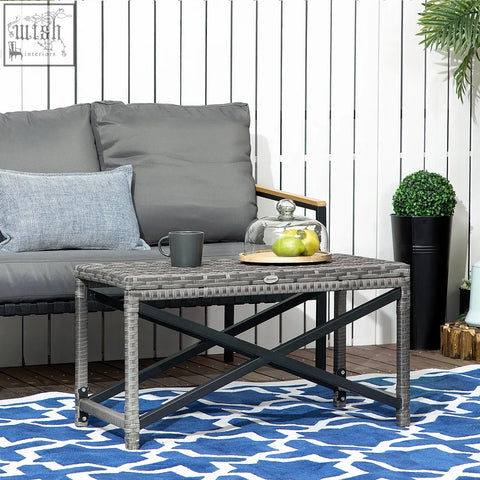 Outsunny outdoor coffee table with mixed grey woven rattan top and black metal x-shaped frame for patio or balcony use