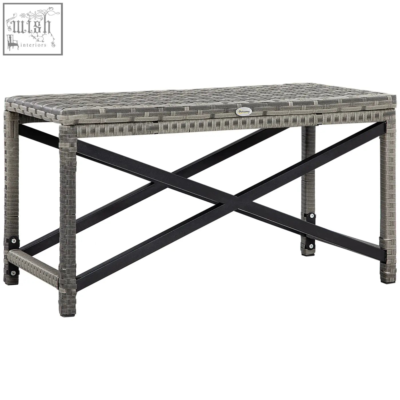 Gray woven resin outdoor coffee table with mixed grey plastic top and black metal x-shaped frame for patio use