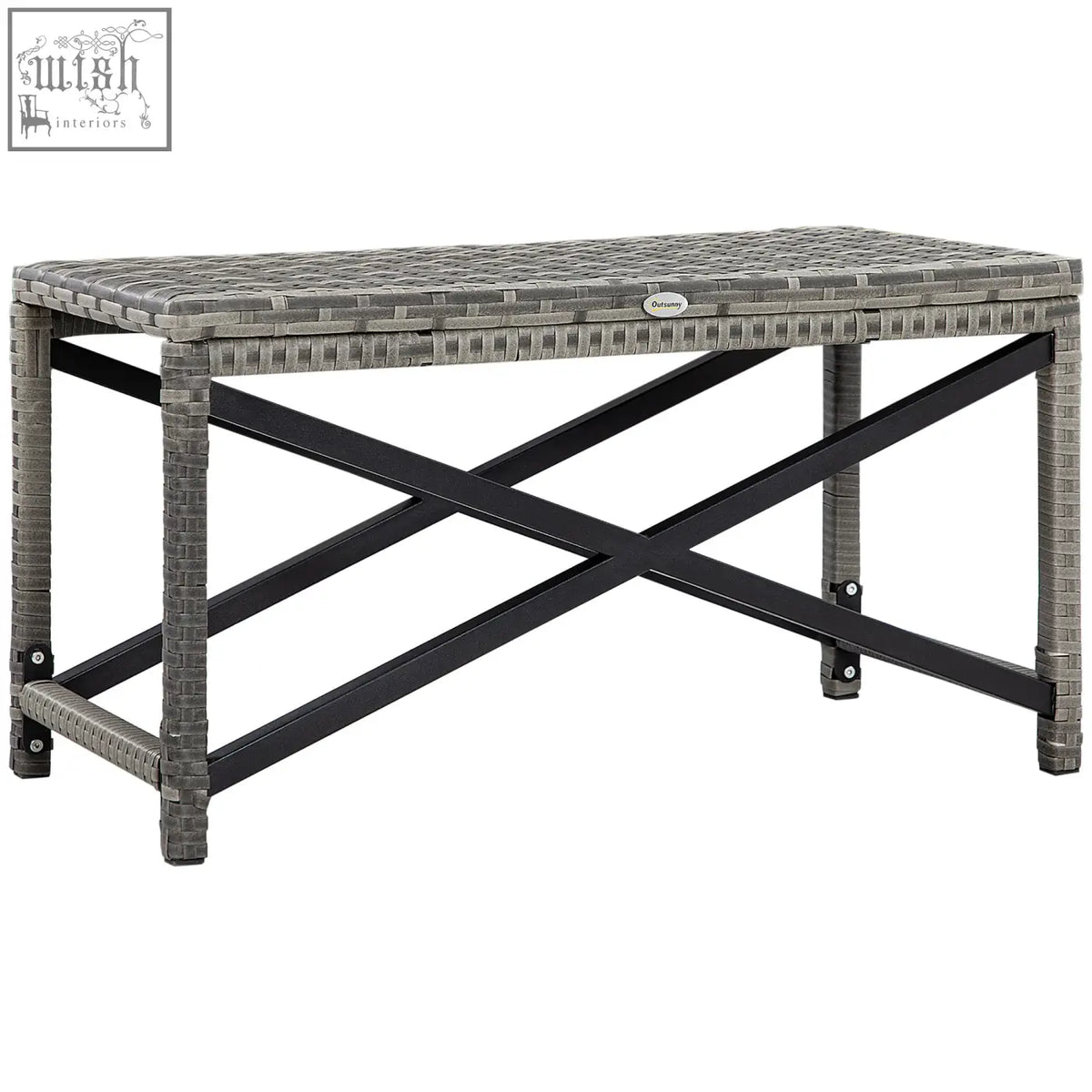 Gray woven resin outdoor coffee table with mixed grey plastic top and black metal x-shaped frame for patio use
