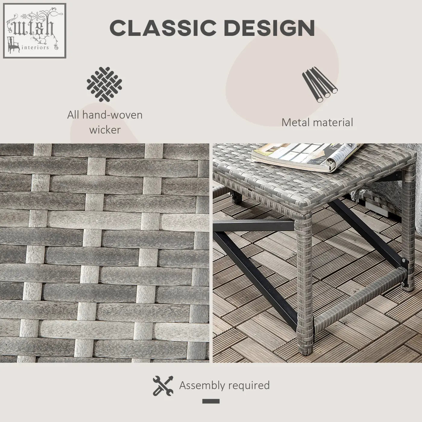 Gray hand-woven wicker patio table with mixed grey rattan top and black metal frame x-shaped legs for outdoor use