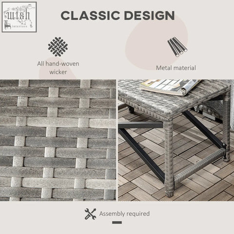 Gray hand-woven wicker patio table with mixed grey rattan top and black metal frame x-shaped legs for outdoor use