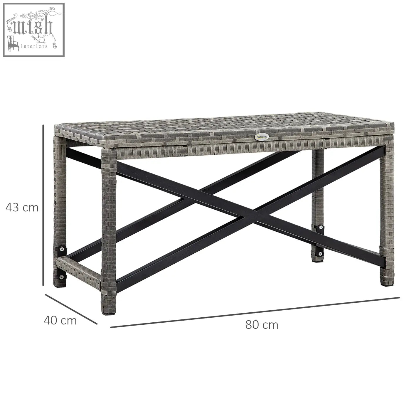 Outsunny outdoor coffee table in mixed grey with gray woven resin top and black metal x-shaped frame for patio use