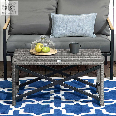 Outsunny outdoor coffee table with mixed grey woven resin top and black metal x-shaped frame for patio use