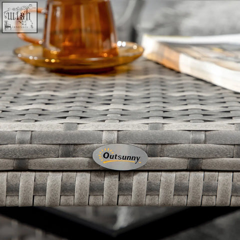 Outsunny outdoor coffee table with gray woven resin top, mixed grey x-shaped metal frame for patio and balcony use
