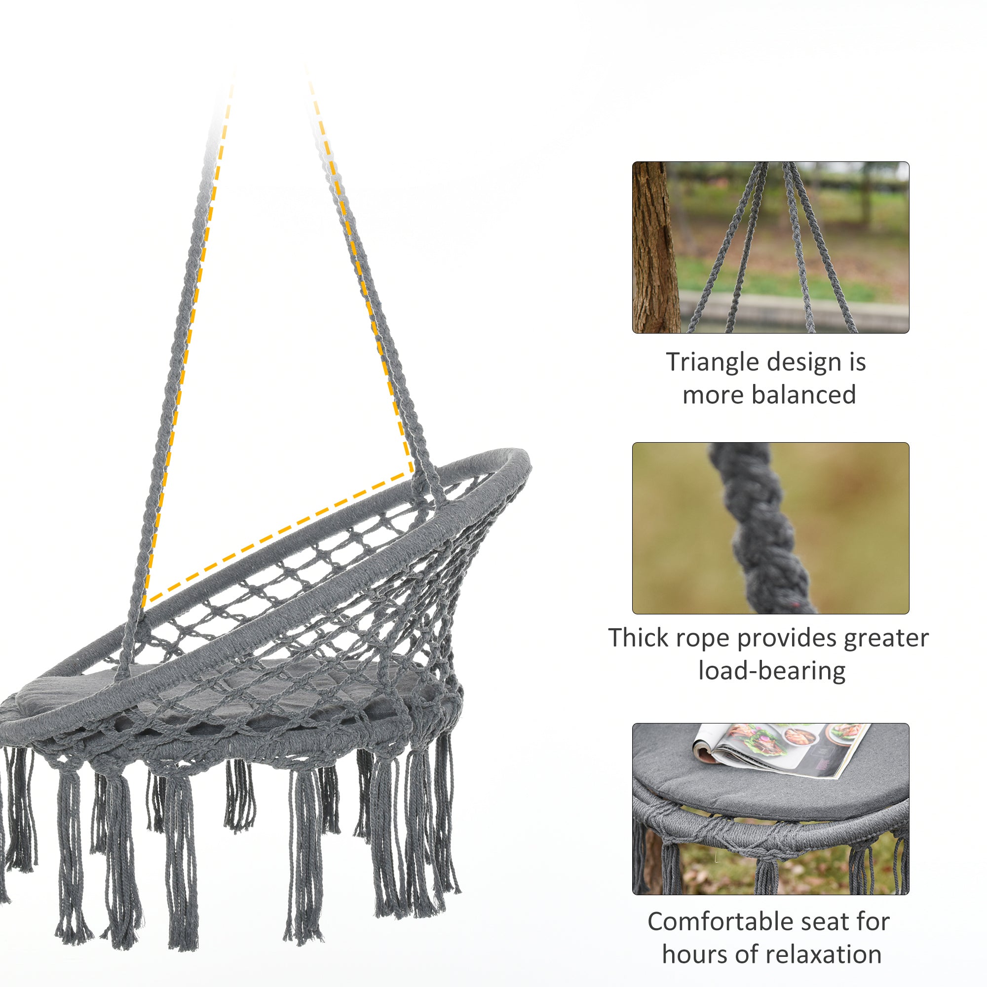 Gray outsunny outdoor macrame hanging rope chair with thick cotton polyester blend and four long strings fringe tassels