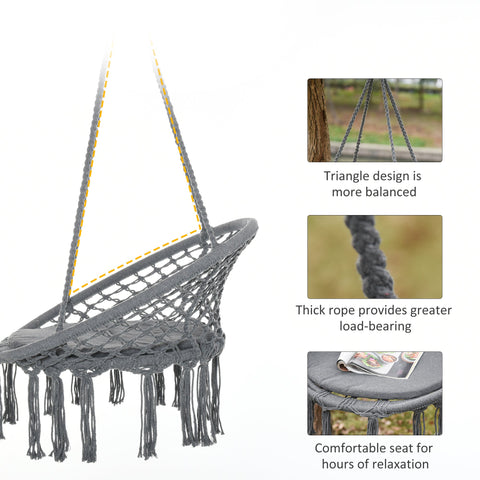 Gray outsunny outdoor macrame hanging rope chair with thick cotton polyester blend and four long strings fringe tassels