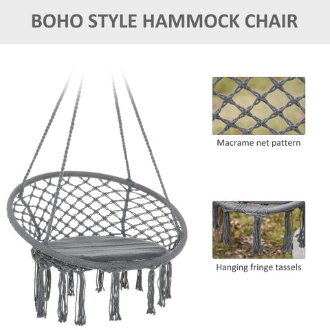 Gray outsunny outdoor cotton-polyester blend hanging rope chair with cushion and four long strings for patio use