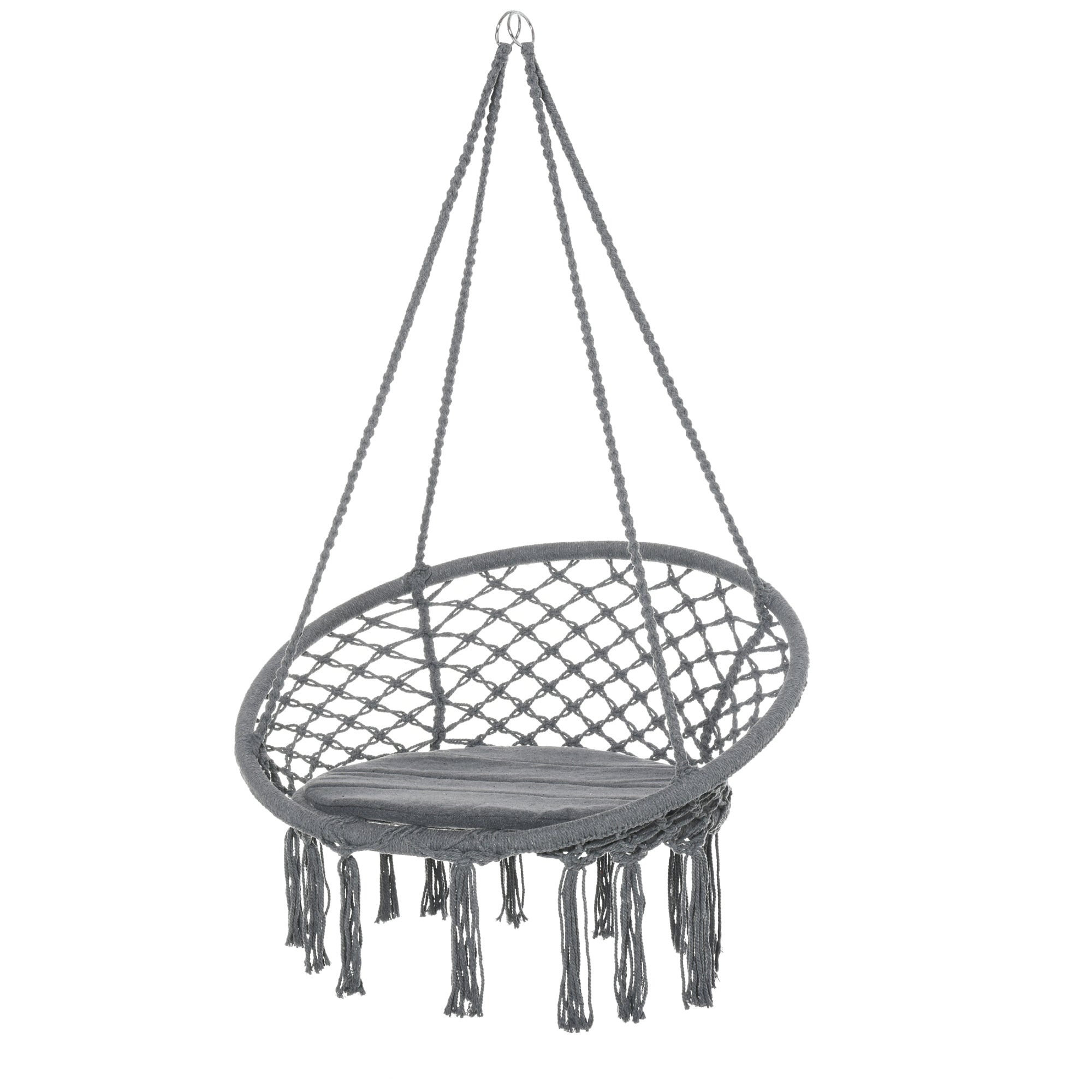 Gray outsunny hanging rope chair with woven net design four long strings fringe tassels portable for patio deck tree