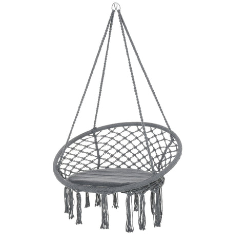 Gray outsunny hanging rope chair with woven net design four long strings fringe tassels portable for patio deck tree
