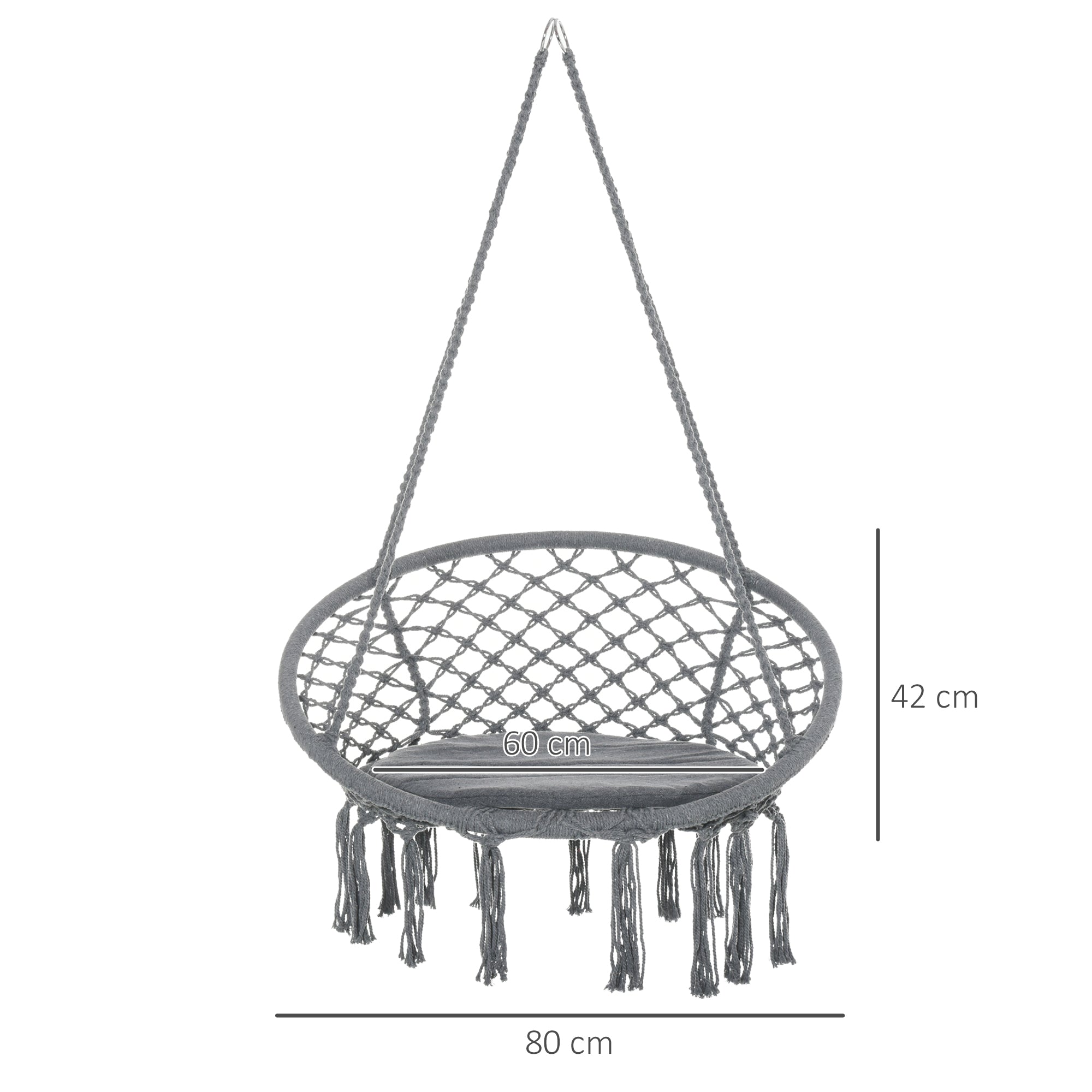 Gray outsunny outdoor cotton-polyester blend hanging rope chair with cushion tassels and four long strings for patio use