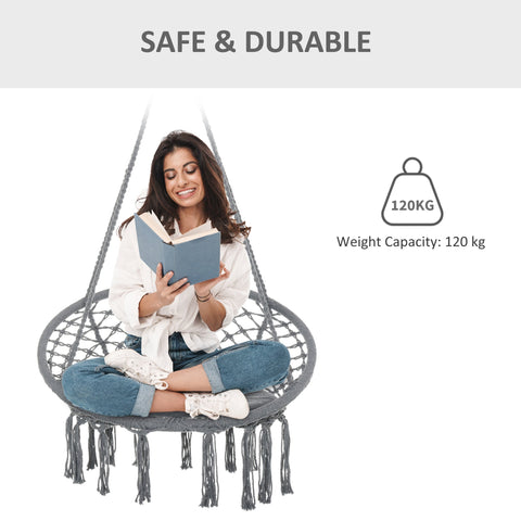 Gray outsunny outdoor cotton polyester blend macrame hanging rope chair with cushion and four long strings for patio use