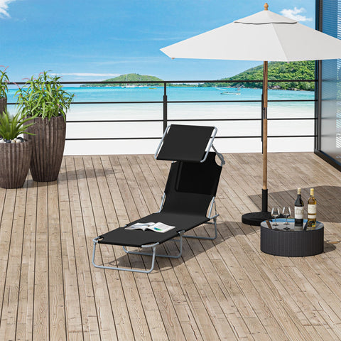 Outsunny Outdoor Foldable Sun Lounger, 4 Level Adjustable Backrest Reclining Sun Lounger Chair with Angle Adjust Sun Shade Awning for Beach, Garden, Patio, Black