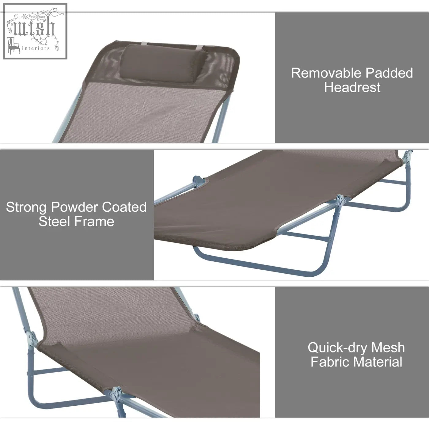 Brown quick-dry mesh foldable sun lounger with steel frames and removable padded headrest for outdoor use
