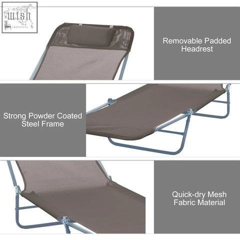 Brown quick-dry mesh foldable sun lounger with steel frames and removable padded headrest for outdoor use
