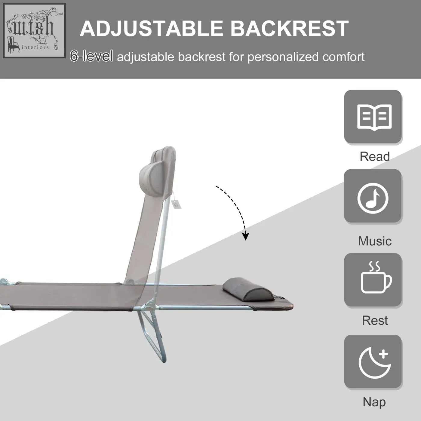 Gray foldable sun lounger with adjustable backrest padded headrest and steel frames for outdoor garden use