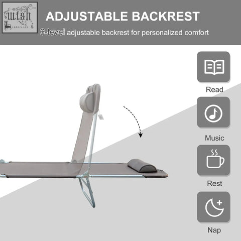 Gray foldable sun lounger with adjustable backrest padded headrest and steel frames for outdoor garden use