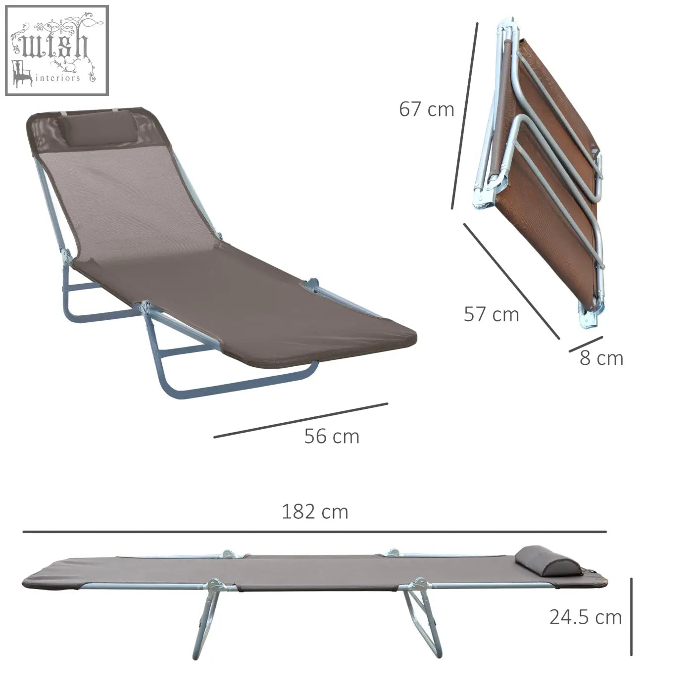 Brown fabric foldable sun lounger with silver steel frames and adjustable headrest for outdoor garden use