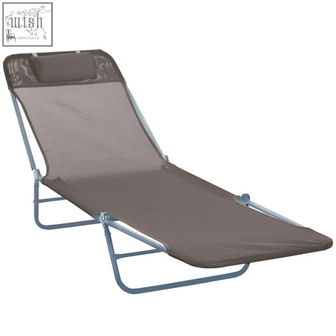 Brown mesh foldable sun lounger with padded headrest and steel frames perfect for outdoor relaxation