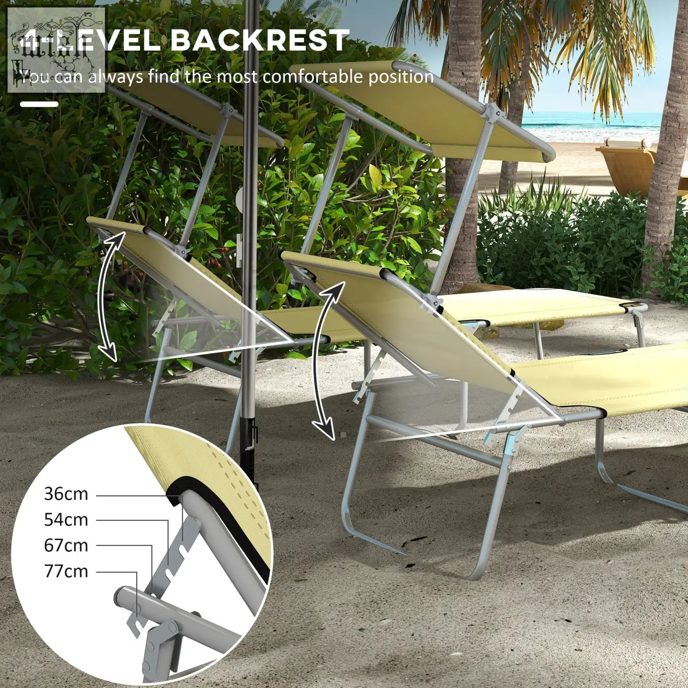 Beige fabric sun lounger with 4 level adjustable backrest and silver metal frame perfect for beach or garden use