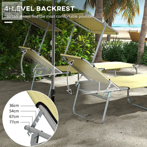 Beige fabric sun lounger with 4 level adjustable backrest and silver metal frame perfect for beach or garden use